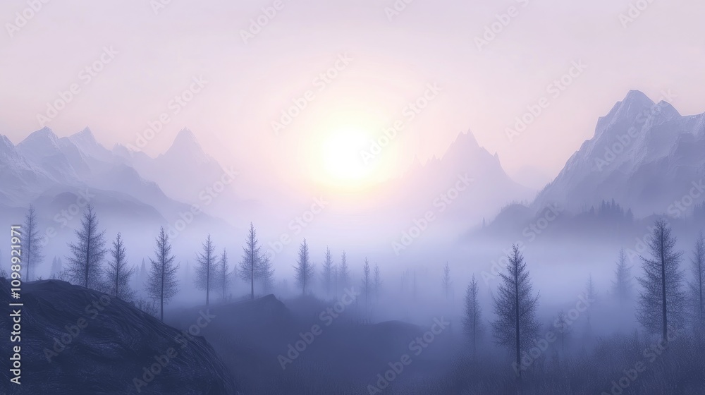 Obraz premium Misty mountains at dawn bathed in soft sunlight, highlighting serene peaks and silhouetted trees in a tranquil landscape.
