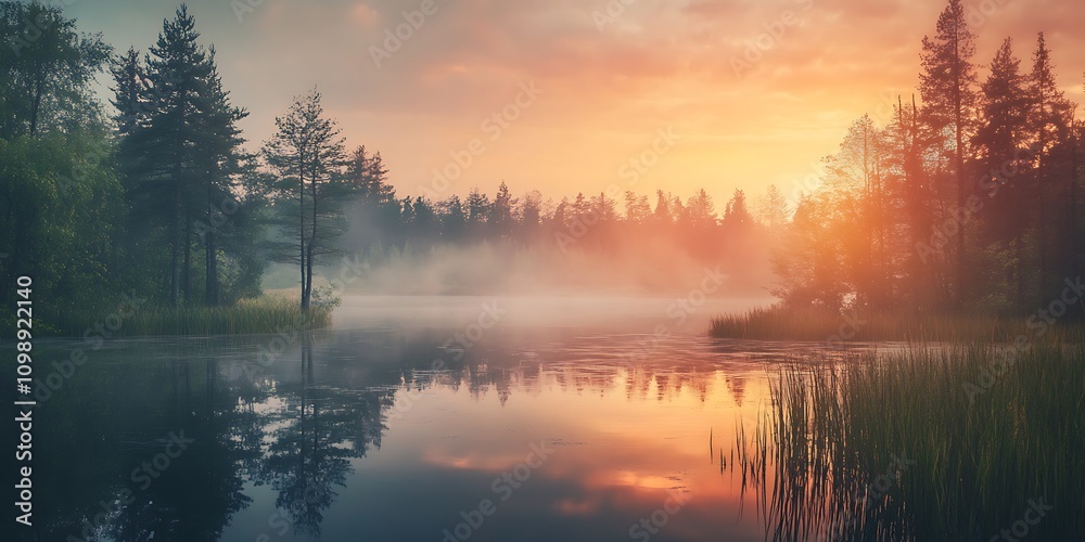Obraz premium Misty Sunrise Lake in Forest