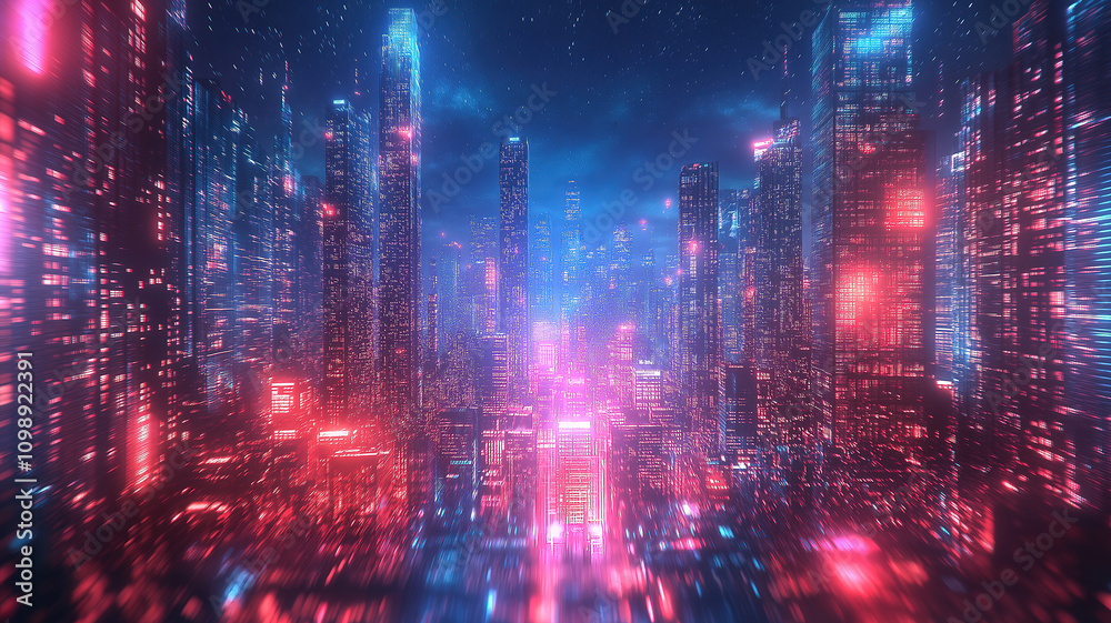 Fototapeta premium Urban cityscape with neon light effects and futuristic technology concept for modern digital design