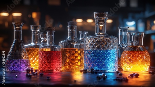 Crystal glass bottles filled with rich, colorful liquids on a rustic table, evoking a vintage, alchemical laboratory vibe. Ideal for fantasy and period-themed projects. AI generated. photo