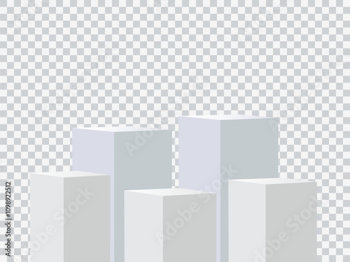 Five blank square podiums stand to show products on transparent background, Vector illustration.