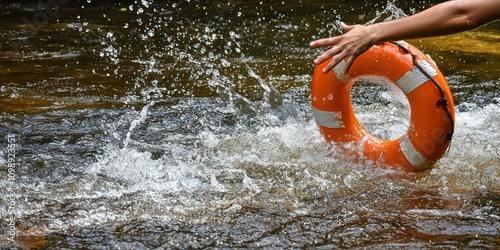An action shot of a person throwing a life preserver to someone in the water, emphasizing rescue and aid.