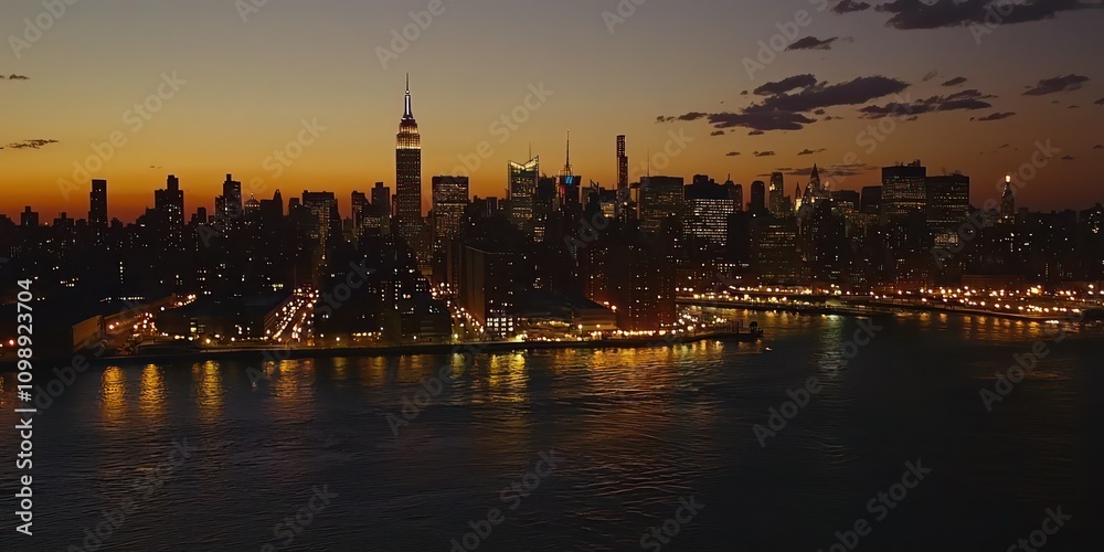 Fototapeta premium An aerial shot of the Manhattan skyline at dusk, showcasing the city lights reflecting off the water.