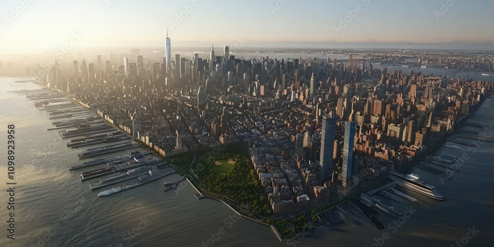 Fototapeta premium An aerial view of Manhattan, highlighting its grid layout, parks, and iconic landmarks.