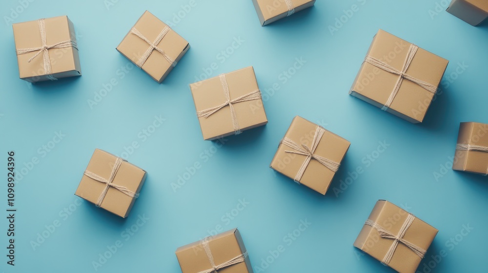 Obraz premium Gift boxes with twine bows scattered creatively on a vibrant blue background, creating a festive and cheerful atmosphere.