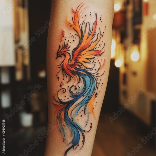 Watercolor Phoenix Tattoo On A Persons Arm photo