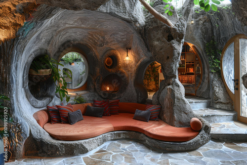 A unique, cave-like interior with organic shapes and natural materials.   photo