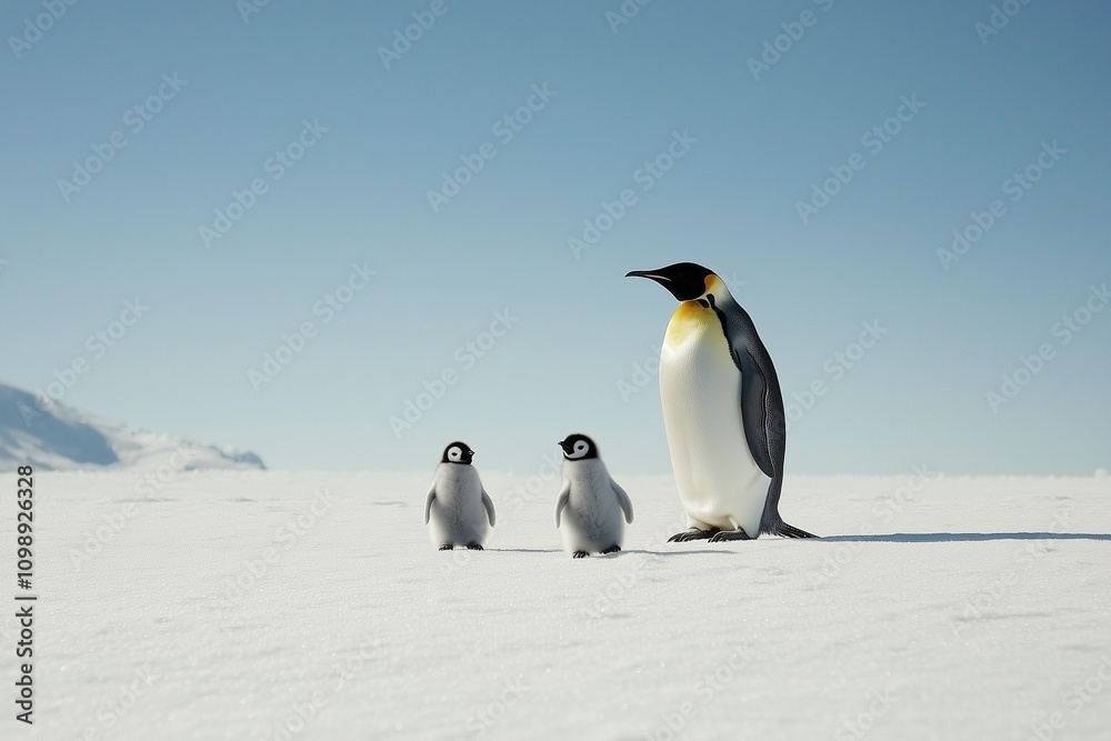 Obraz premium family of emperor penguins in artic with blue sky, iceberg and ice, antarctica