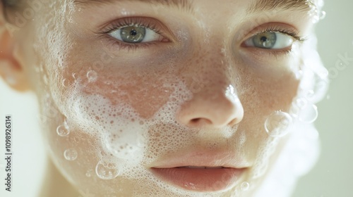 Close-up of a young woman's face with bubbles, highlighting radiant skin and a fresh skincare routine, showcasing beauty and purity in skincare. photo