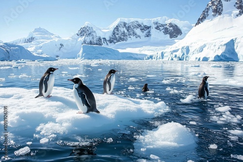 group of emperor penguins in artic with blue sky, iceberg and ice, antarctica