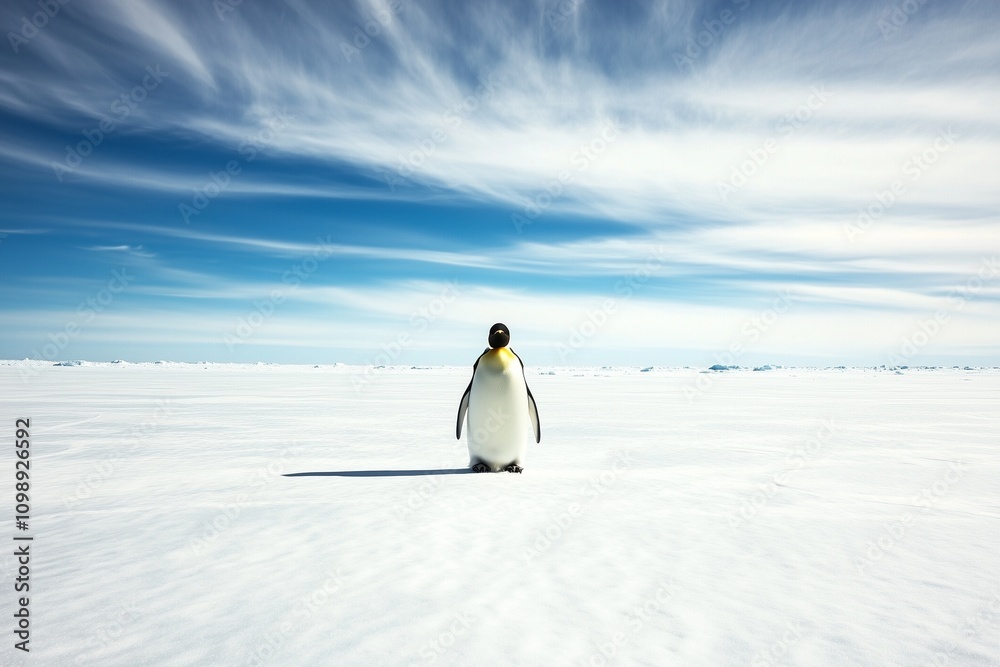 Obraz premium emperor penguin in artic with blue sky, iceberg and ice, antarctica