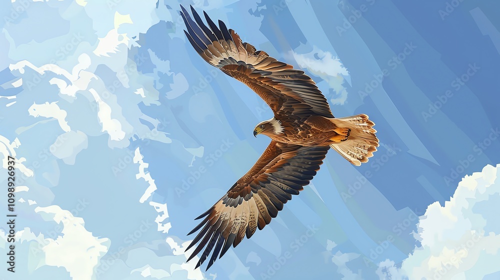 Obraz premium A cartoon illustration of an eagle soaring high in the sky with fluffy white clouds.