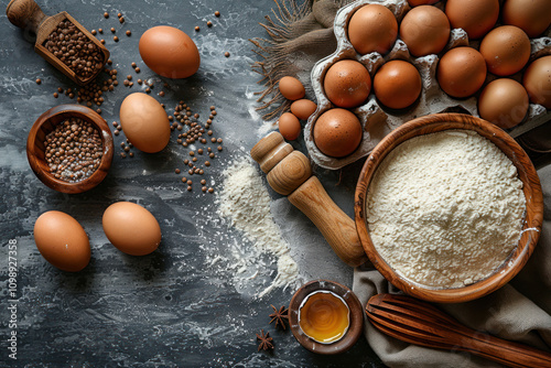 baking ingredients laid out on a dark stone table. In the center there is a wooden bowl with flour, next to it there are whole eggs, either in a cardboard package or lying separately on the table.   photo