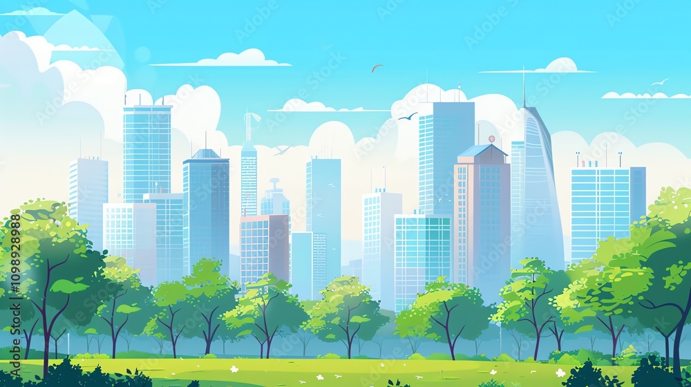 Obraz premium A cartoon illustration of a park with tall buildings in the background.