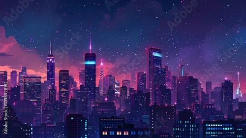 A stylized cityscape at night with a starry sky and water reflecting the city lights.