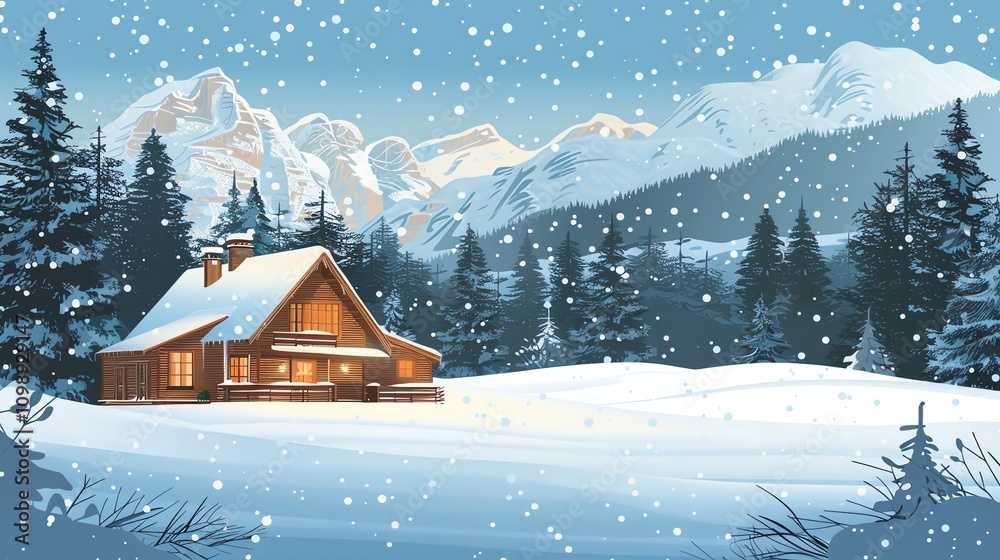 Fototapeta premium A cozy cabin in a snowy mountain landscape with falling snow.