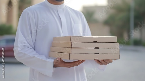 Saudi Arabian man in traditional thobe delivering pizza boxes, fast food delivery, food service in the Middle East.