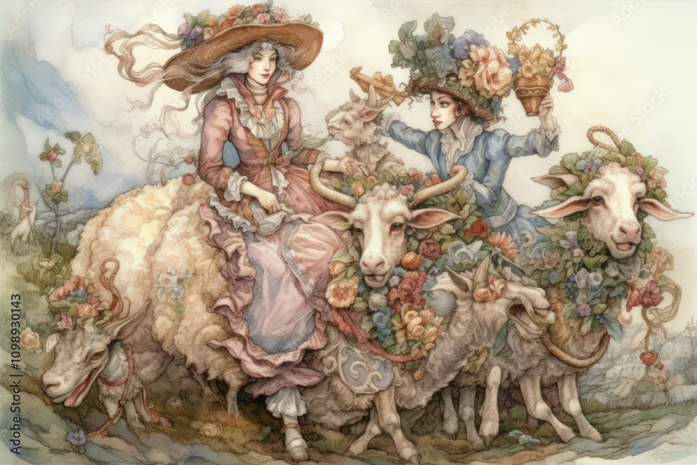 Fototapeta premium watercolor painting in the Rococo style depicting two elegant ladies riding sheep and goats, decorated with garlands of flowers. 