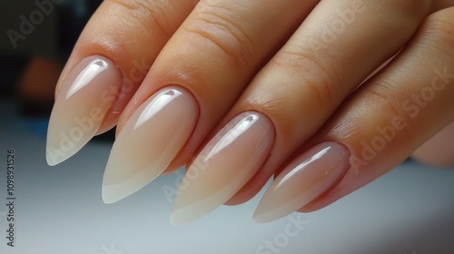 Elegant long almond-shaped nails with a gradient ombre finish, showcasing meticulous cuticle grooming and a polished shine, perfect for nail care. photo