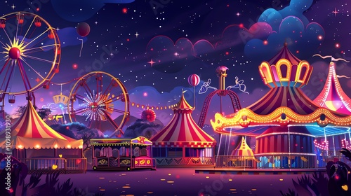 A cartoon illustration of an amusement park at night with a ferris wheel, roller coaster, carousel, and other rides.