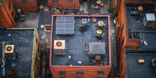 Aerial view of a flat rooftop with solar panels and HVAC equipment, showing the scale and layout of the building. photo