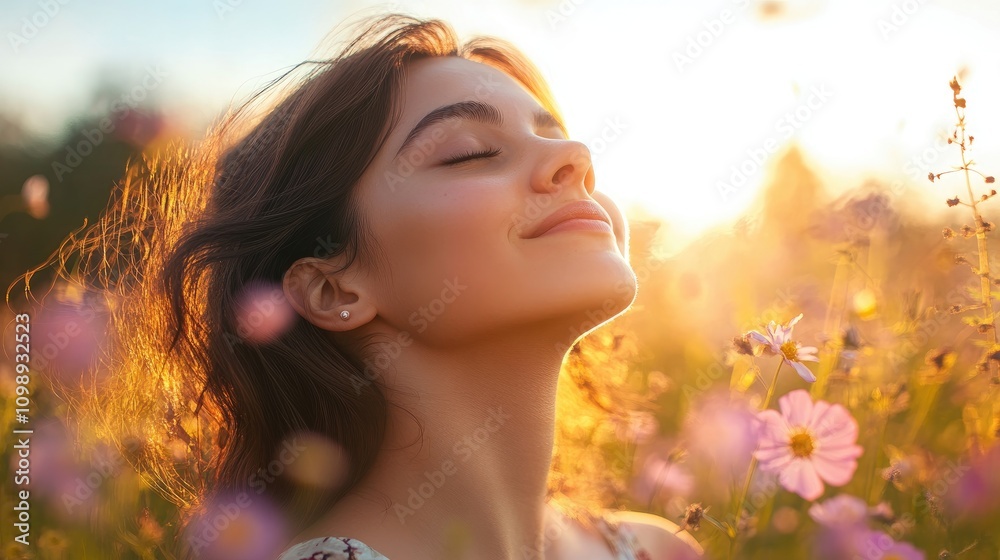 Fototapeta premium Woman enjoying a moment of tranquility in a field of colorful flowers, basking in the warm sunlight with a serene expression and flowing hair.