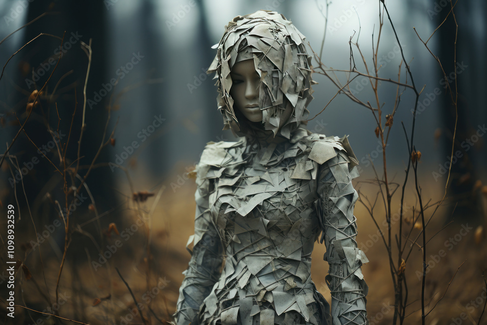 Fototapeta premium a figure in the forest wearing a unique costume completely covered in numerous gray pieces of paper resembling scales. 