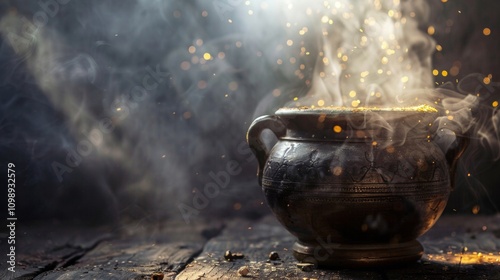 Antique cauldron emitting mystical golden smoke with glowing particles photo