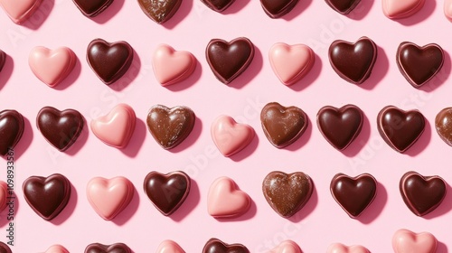 Heart-shaped chocolates in dark and pink varieties arranged on a soft pink background, creating a romantic and sweet treat display.