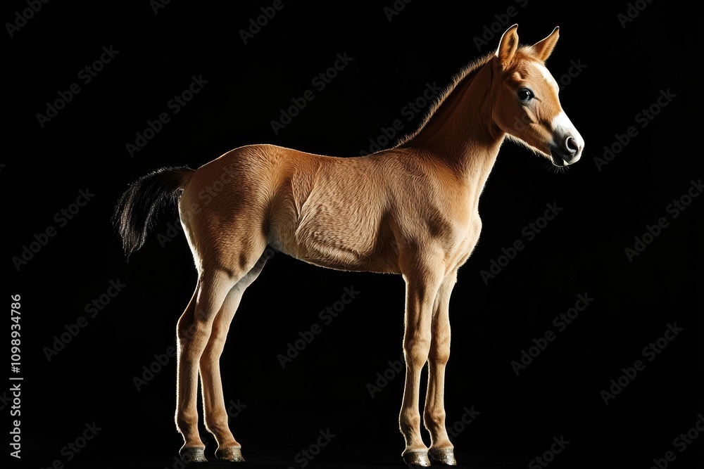 Fototapeta premium the beside view Thoroughbred foal standing, left side view, low angle, white copy space on right, Isolated on black Background