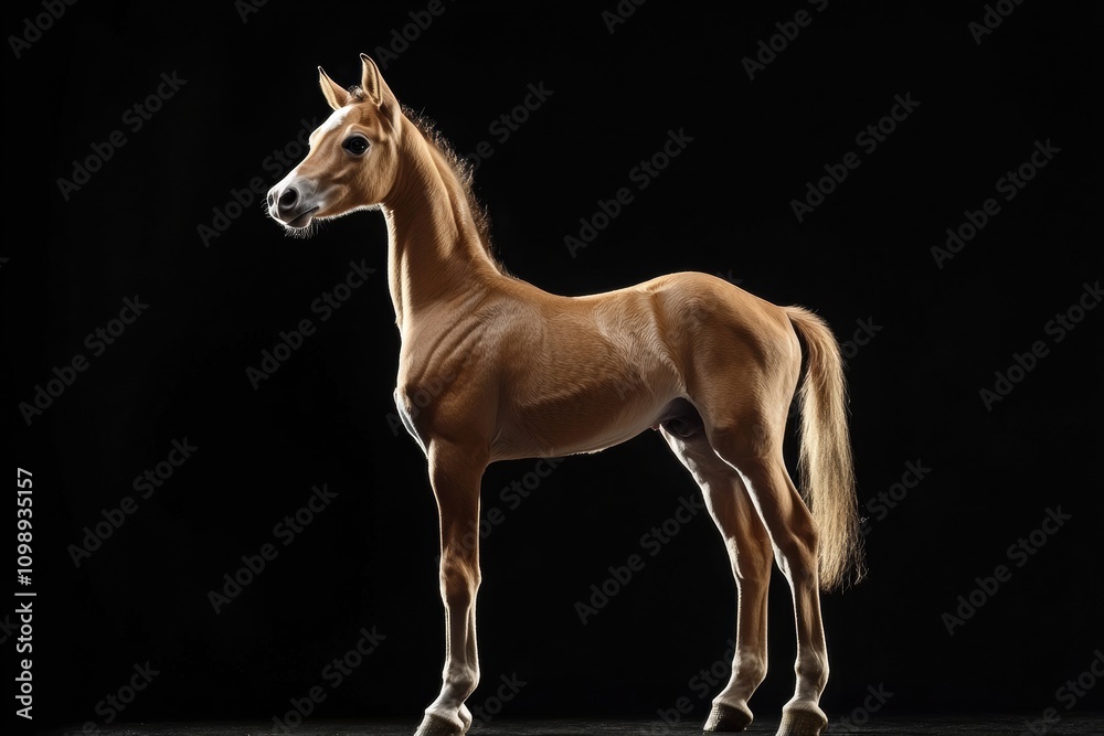 Fototapeta premium the beside view baby Arabian Horse standing, left side view, low angle, white copy space on right, Isolated on black Background