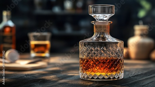 A glass bottle of liquor sits on a table next to a glass of liquor.