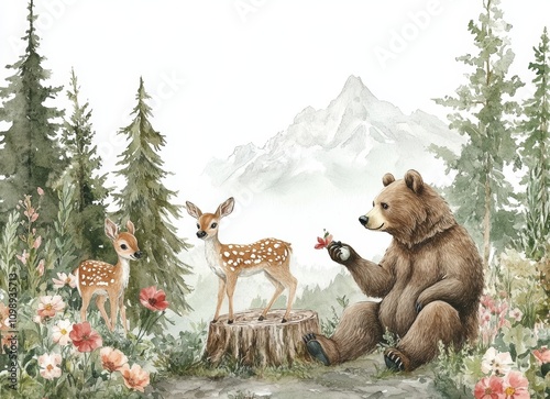 Watercolor Forest Scene with Brown Bear, Deer, Flowers, Trees and Mountains photo