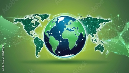 Futuristic Planet Map: Global Social Network with Floating Green Plexus Design, Vibrant Earth Background, and Advanced Technology Theme
 photo