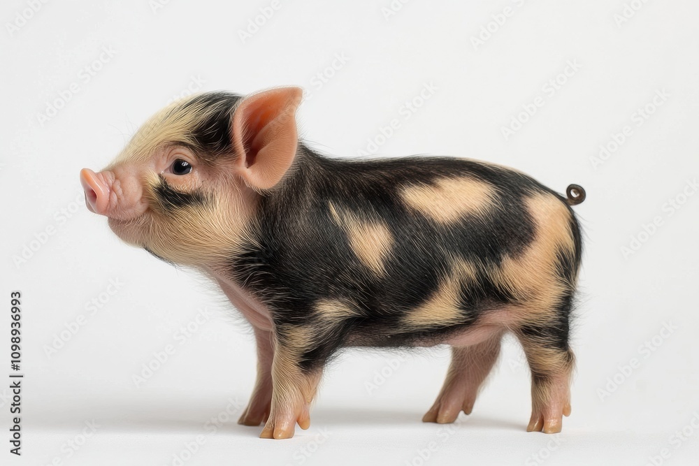 Fototapeta premium the beside view Berkshire Piglet standing, left side view, low angle, white copy space on right, Isolated on White Background
