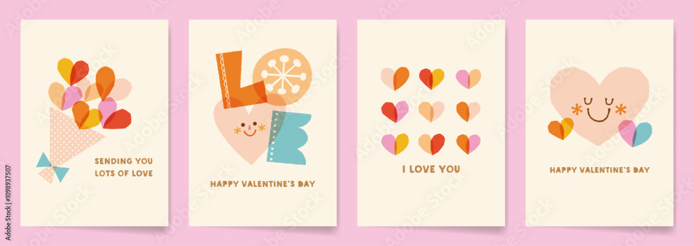 Fototapeta premium Valentine's Day greeting card set. Cute and whimsical designs using paper cutout heart shapes and hand-drawn illustrations.