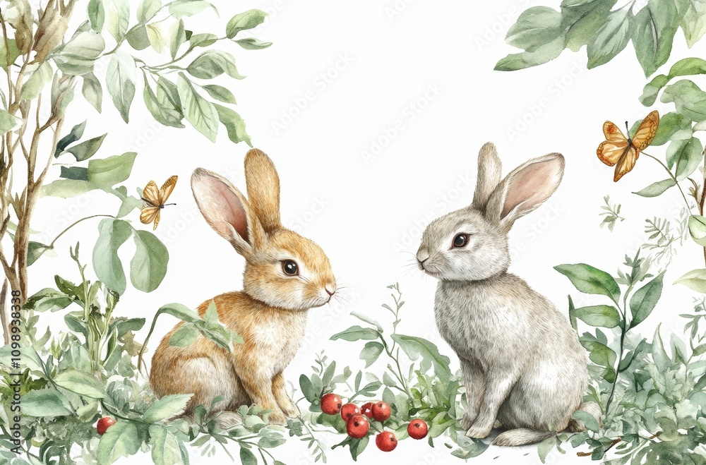 Obraz premium Watercolor rabbits hares animals plants leaves berries woodland nature scene cute baby creatures