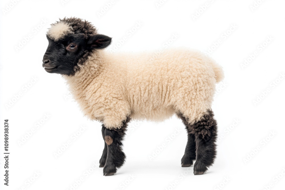 Obraz premium the beside view baby Suffolk Sheep standing, left side view, low angle, white copy space on right, Isolated on White Background