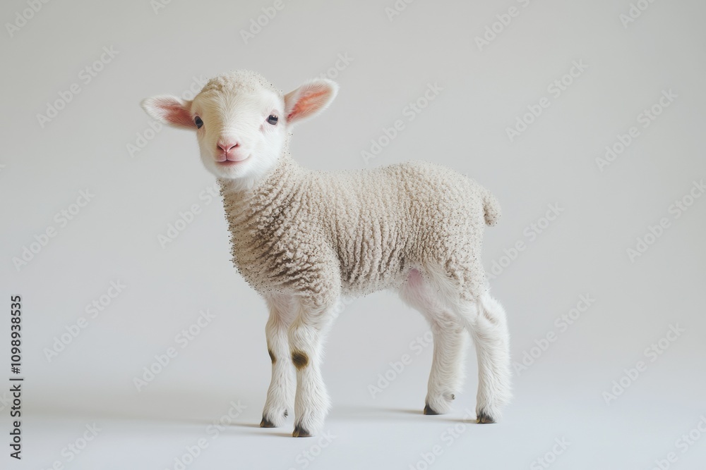Fototapeta premium the beside view baby Merino Sheep standing, left side view, low angle, white copy space on right, Isolated on White Background