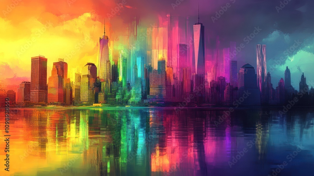 Obraz premium A vibrant city skyline is reflected in the water