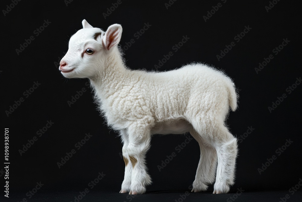 Fototapeta premium the beside view baby Alpine goat standing, left side view, low angle, white copy space on right, Isolated on black Background
