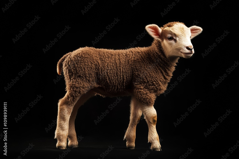 Fototapeta premium the beside view baby Suffolk Sheep standing, left side view, low angle, white copy space on right, Isolated on black Background