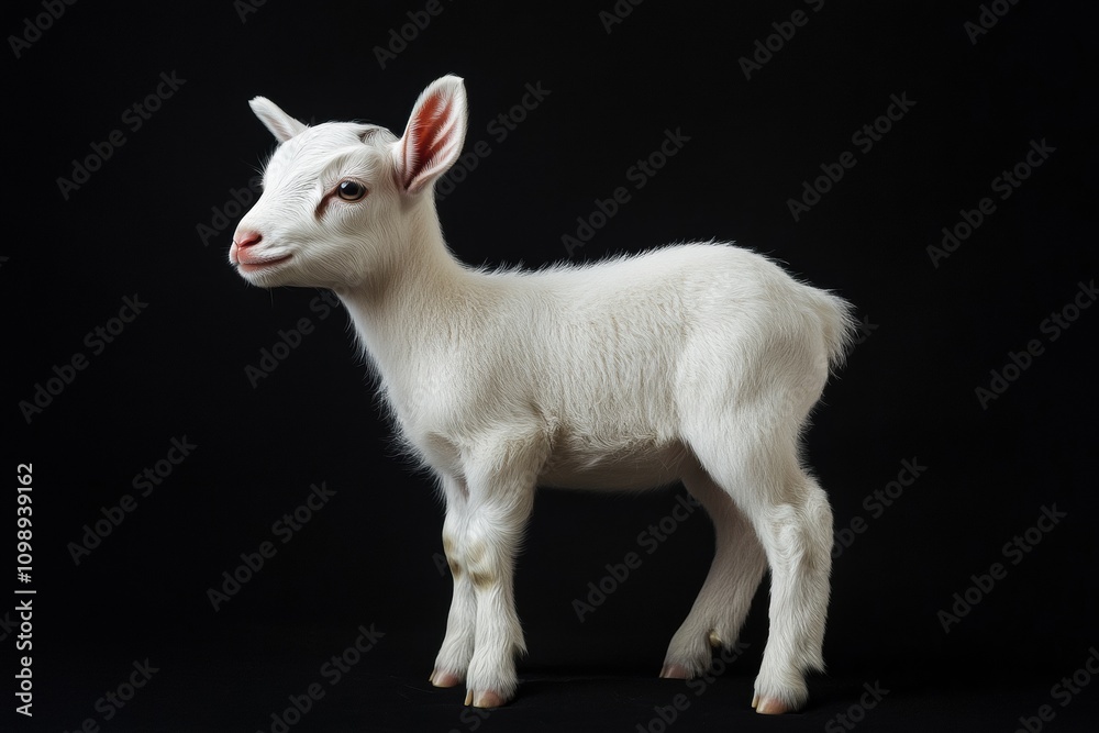 Fototapeta premium the beside view baby Saanen goat standing, left side view, low angle, white copy space on right, Isolated on black Background