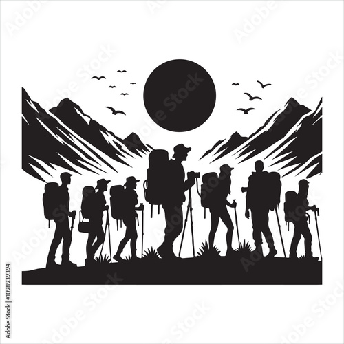 Tourists with backpacks on their backs silhouette on white background
