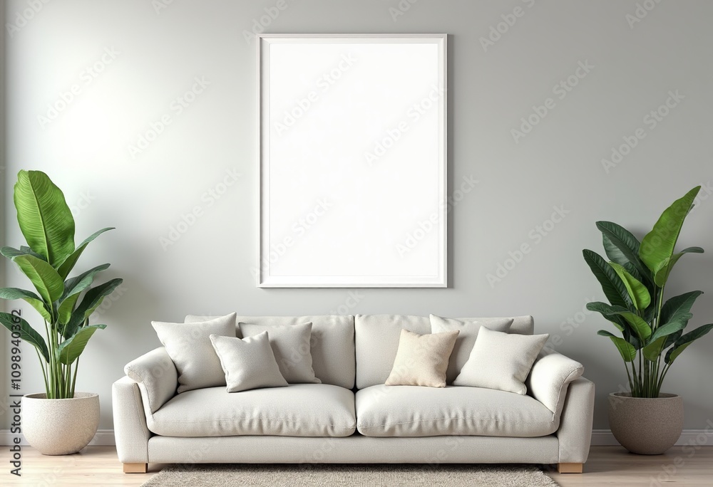 Naklejka premium Create Your Dream Minimalist Living Room: A Blank White Frame, Cozy Sofa, and Vibrant Potted Plants on a Soft Gray Wall