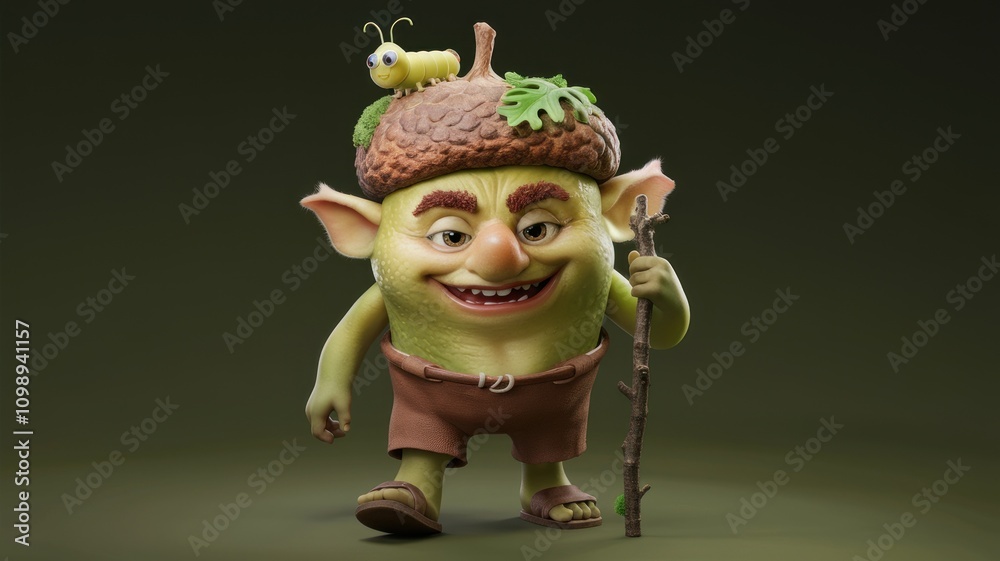 Fototapeta premium Cheerful goblin with an acorn hat and walking stick.
