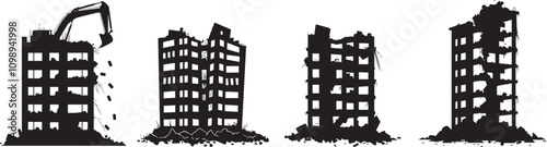Silhouette set of  buildings demolished vector silhouette