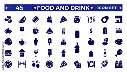 Food icon collection. Containing meal, restaurant, dishes and fruits icon. Set of solid icons related to food and drink. Solid icon collection. 
 photo