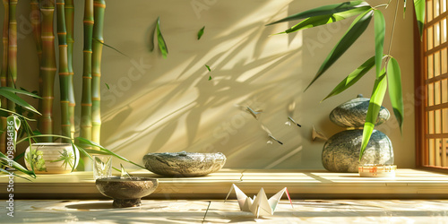 Japanese Zen Desk with Soothing Elements: A traditional Japanese desk with a clean, empty space and a few elements like a bamboo plant, a stone bowl, and a folded origami crane photo