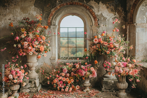 magnificent flower corner in an abandoned building with historical architecture. 